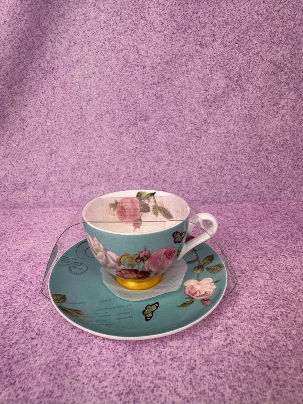 Blue Floral Porcelain Teacup and Saucer - Rose Motif